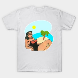 Brunette girl in sunglasses on the beach T-Shirt